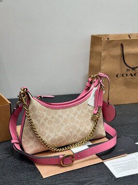 Coach Beige Signature Hobo Shoulder Bag Pink Trim Dual Strap Heart Charm
